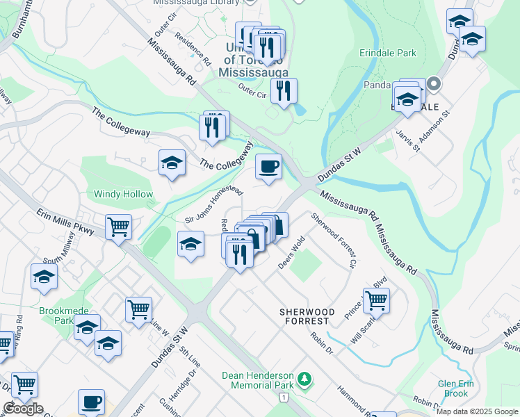 map of restaurants, bars, coffee shops, grocery stores, and more near 3061 Sir Johns Homestead in Mississauga