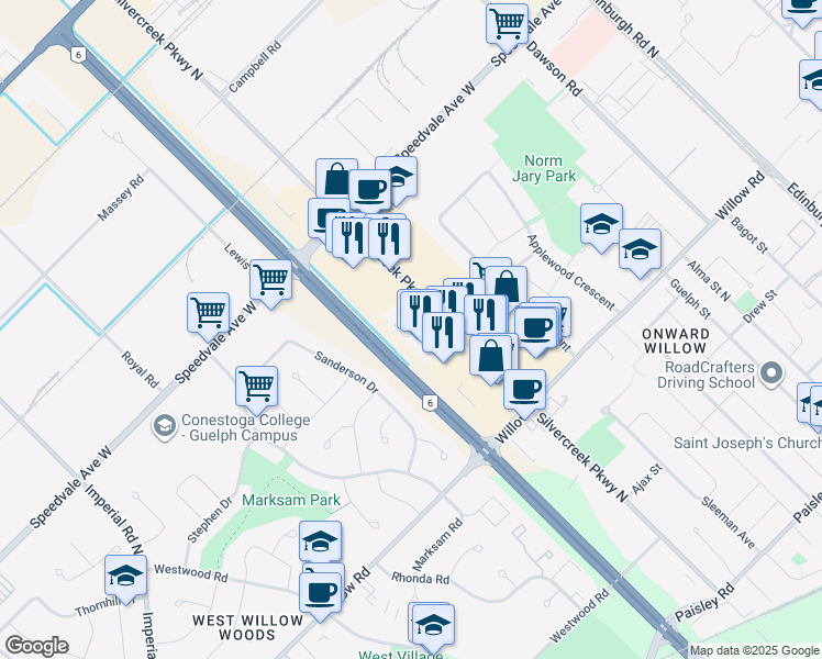 map of restaurants, bars, coffee shops, grocery stores, and more near 208 Silvercreek Parkway North in Guelph