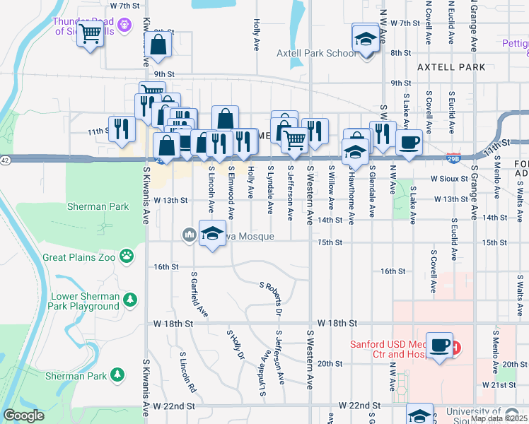 map of restaurants, bars, coffee shops, grocery stores, and more near 2113 West 13th Street in Sioux Falls