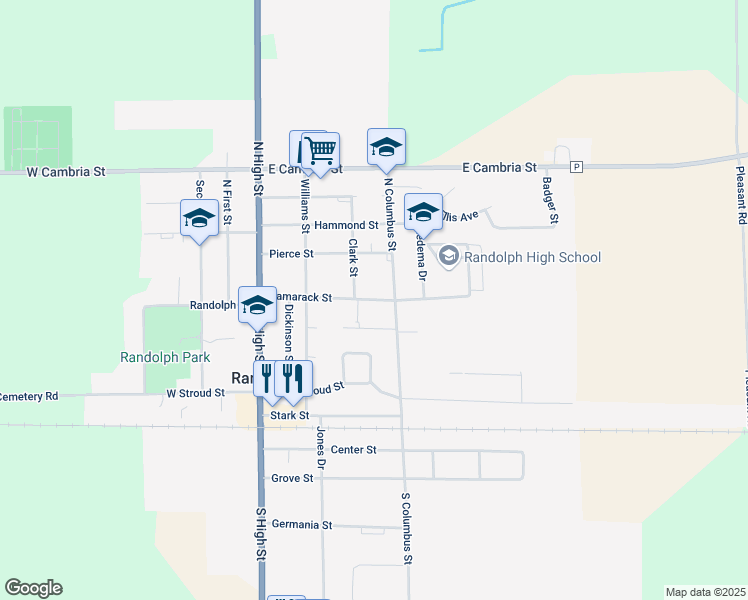map of restaurants, bars, coffee shops, grocery stores, and more near 409 Tamarack Street in Randolph