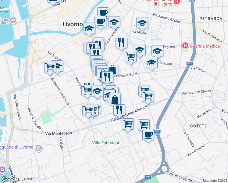 map of restaurants, bars, coffee shops, grocery stores, and more near 26 Via Calzabigi in Livorno