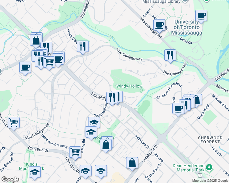 map of restaurants, bars, coffee shops, grocery stores, and more near 3277 South Millway in Mississauga