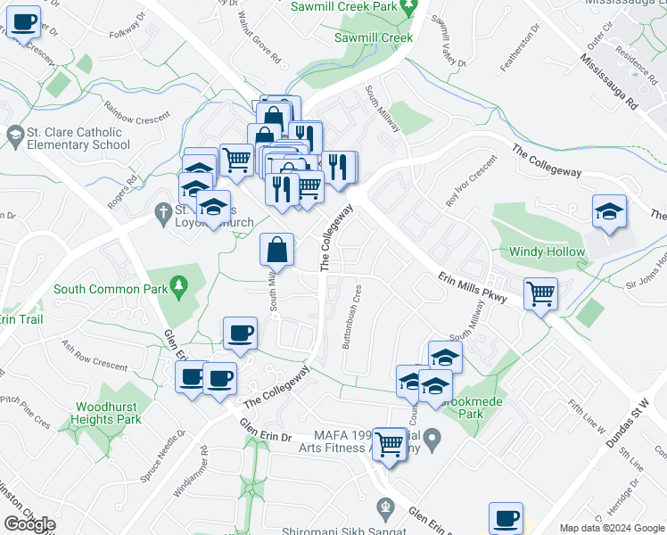 map of restaurants, bars, coffee shops, grocery stores, and more near in Mississauga