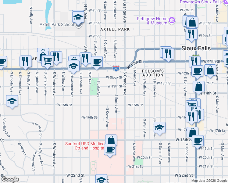 map of restaurants, bars, coffee shops, grocery stores, and more near 501 South Euclid Avenue in Sioux Falls