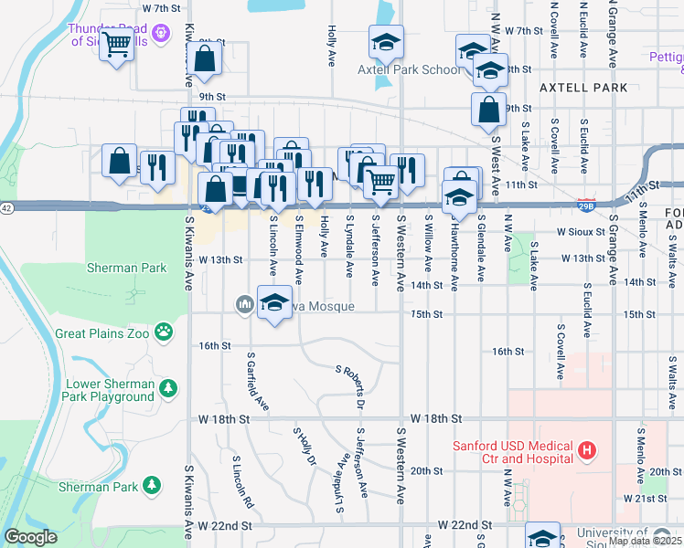 map of restaurants, bars, coffee shops, grocery stores, and more near 2113 West 13th Street in Sioux Falls