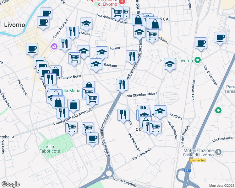 map of restaurants, bars, coffee shops, grocery stores, and more near 5 Via Salvo D'Acquisto in Livorno