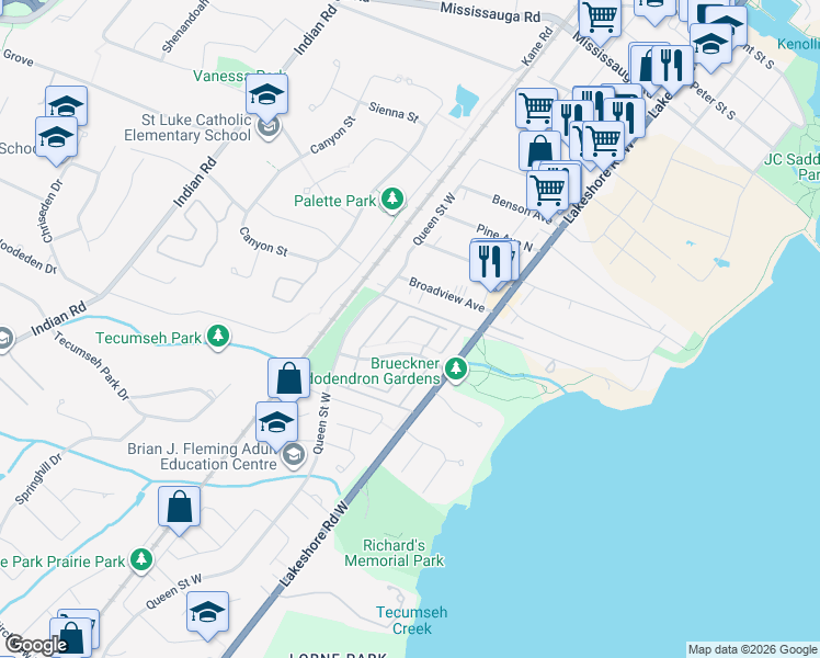 map of restaurants, bars, coffee shops, grocery stores, and more near 36 Broadview Avenue in Mississauga