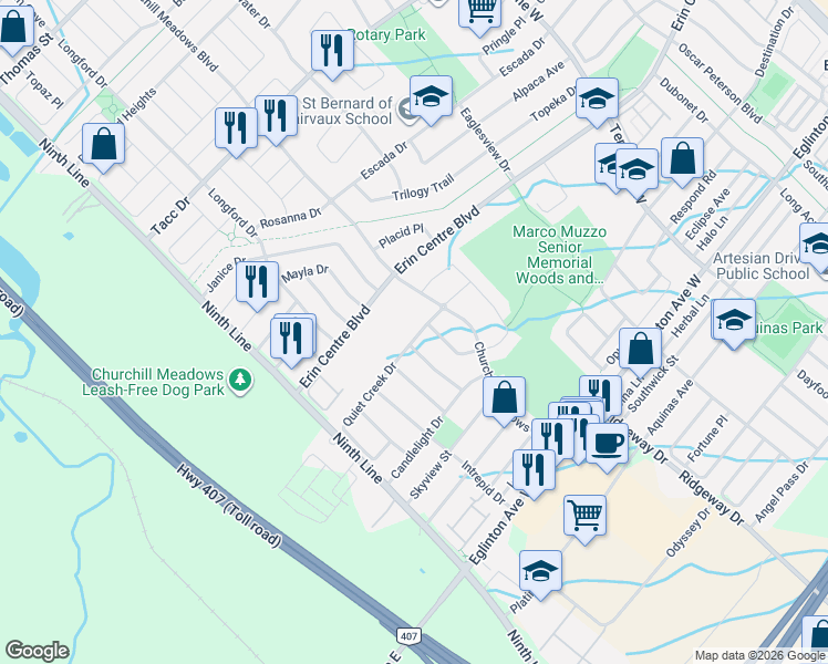 map of restaurants, bars, coffee shops, grocery stores, and more near 3773 Quiet Creek Drive in Mississauga