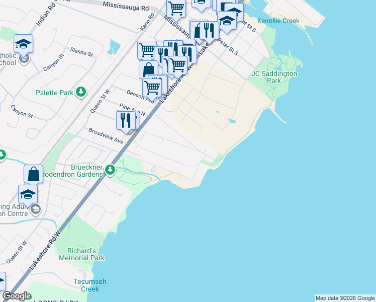 map of restaurants, bars, coffee shops, grocery stores, and more near 48 Maple Avenue South in Mississauga