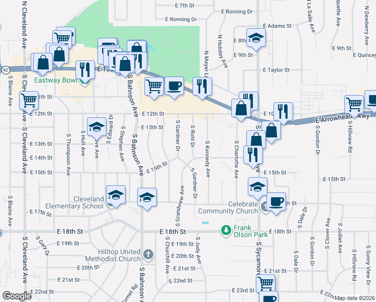 map of restaurants, bars, coffee shops, grocery stores, and more near 70 South Gardner Drive in Sioux Falls