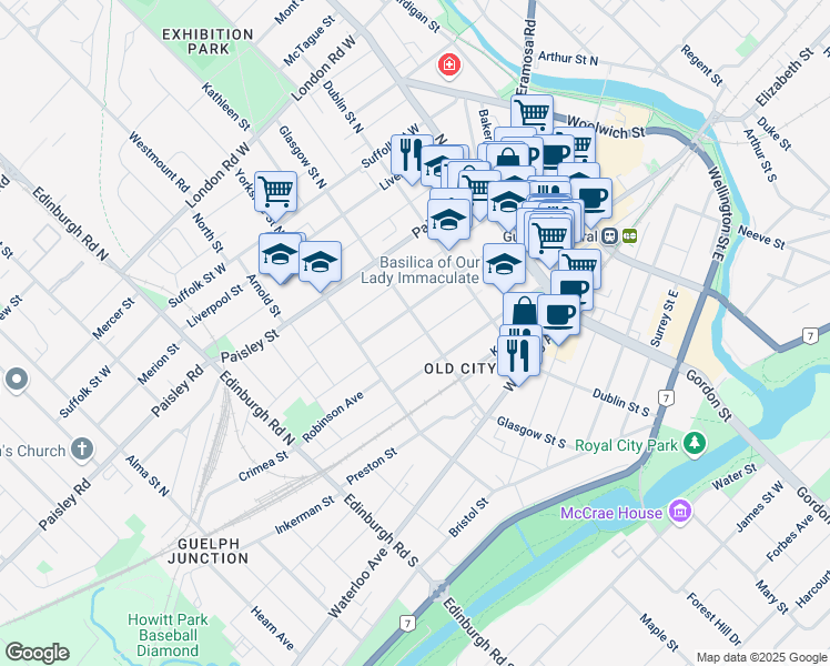 map of restaurants, bars, coffee shops, grocery stores, and more near 42 Glasgow Street North in Guelph