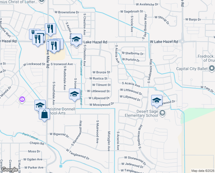 map of restaurants, bars, coffee shops, grocery stores, and more near 9885 West Tilmont Street in Boise