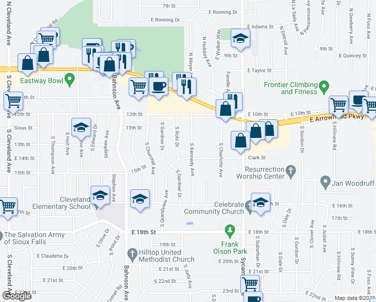map of restaurants, bars, coffee shops, grocery stores, and more near 809 South Kennedy Avenue in Sioux Falls