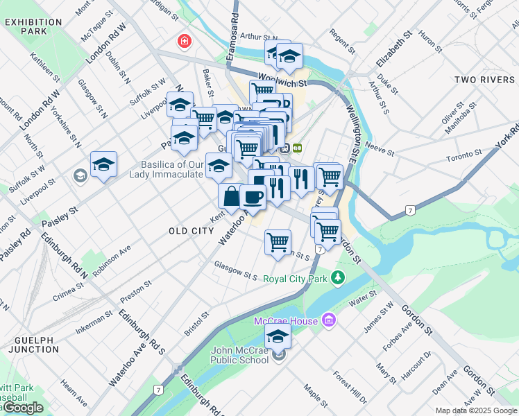 map of restaurants, bars, coffee shops, grocery stores, and more near 7 Gordon St in Guelph
