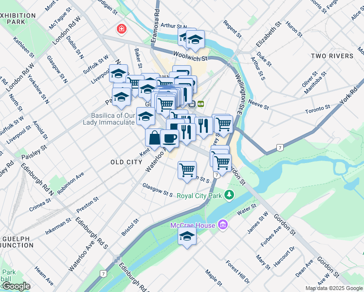 map of restaurants, bars, coffee shops, grocery stores, and more near 7 Gordon Street in Guelph