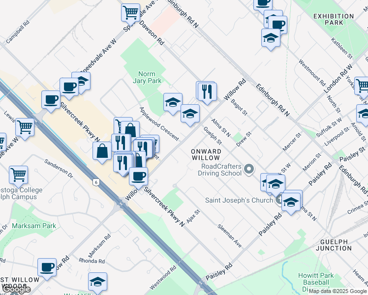 map of restaurants, bars, coffee shops, grocery stores, and more near in Guelph