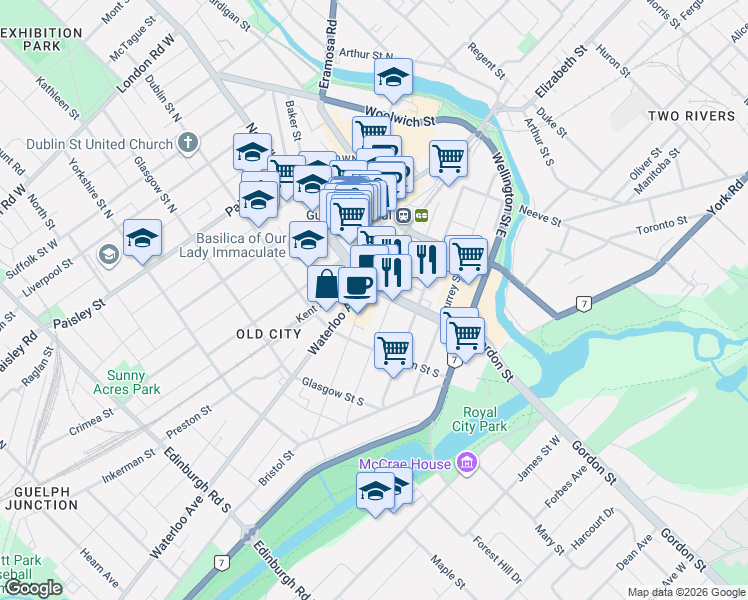 map of restaurants, bars, coffee shops, grocery stores, and more near 7 Gordon Street in Guelph