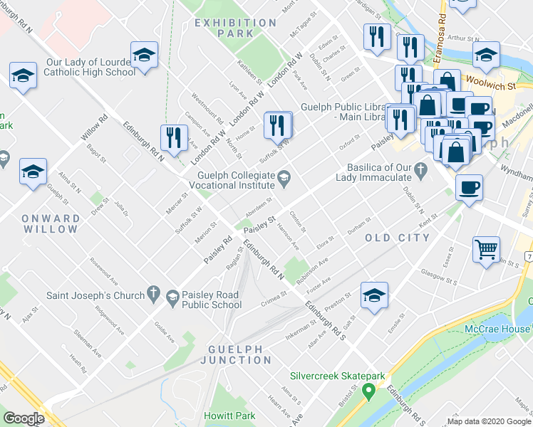 map of restaurants, bars, coffee shops, grocery stores, and more near in Guelph