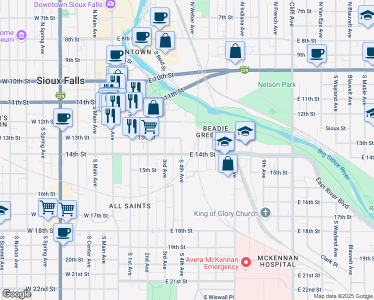 map of restaurants, bars, coffee shops, grocery stores, and more near 501-599 South 5th Avenue in Sioux Falls