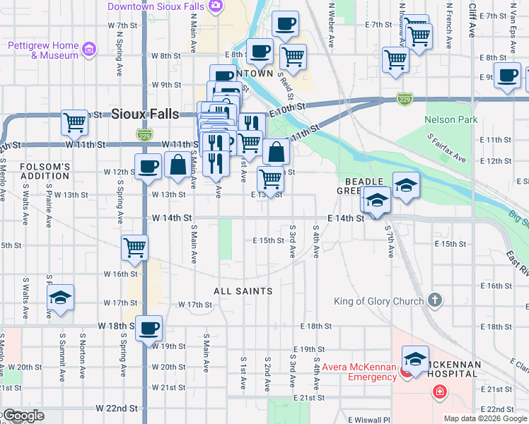 map of restaurants, bars, coffee shops, grocery stores, and more near 232 East Residence Place in Sioux Falls