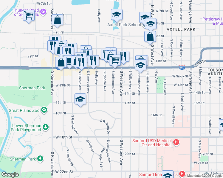 map of restaurants, bars, coffee shops, grocery stores, and more near 2013 West 13th Street in Sioux Falls