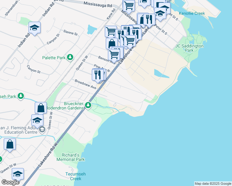 map of restaurants, bars, coffee shops, grocery stores, and more near 23 Ben Machree Drive in Mississauga