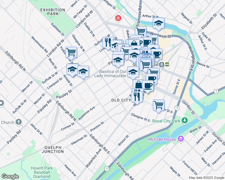 map of restaurants, bars, coffee shops, grocery stores, and more near 45 Durham Street in Guelph