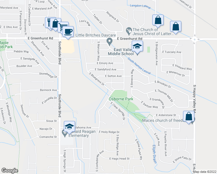 map of restaurants, bars, coffee shops, grocery stores, and more near 2812 South Bluegrass Drive in Nampa