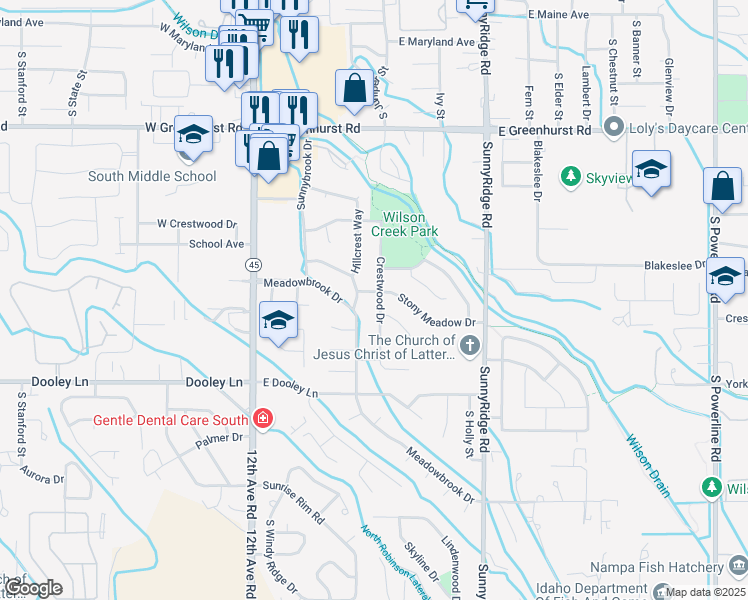 map of restaurants, bars, coffee shops, grocery stores, and more near 2803 South Juniper Street in Nampa