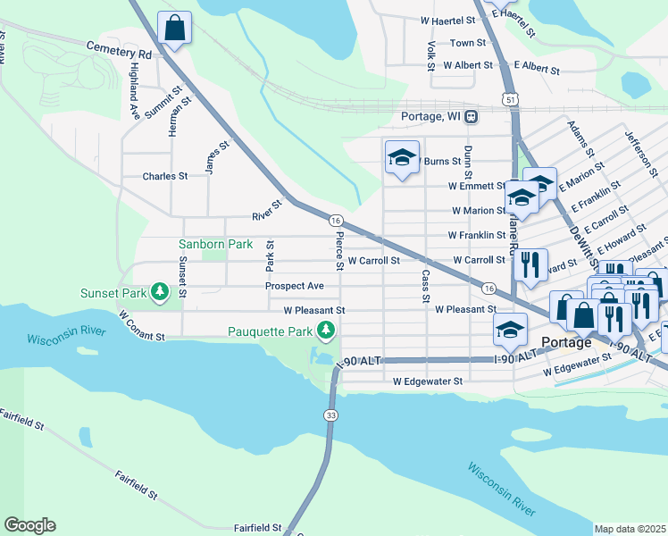 map of restaurants, bars, coffee shops, grocery stores, and more near 602 West Carroll Street in Portage