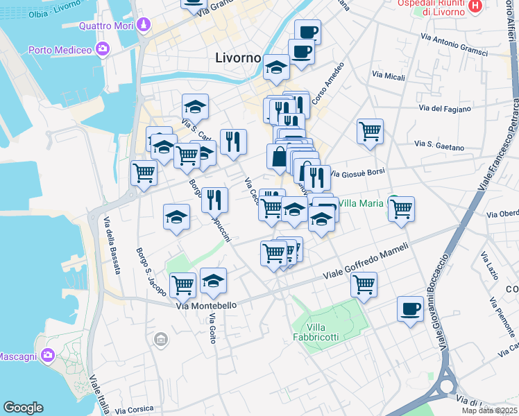 map of restaurants, bars, coffee shops, grocery stores, and more near 100 Via Roma in Livorno