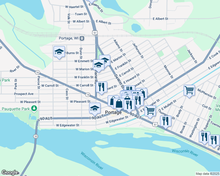 map of restaurants, bars, coffee shops, grocery stores, and more near 209 W Howard St in Portage