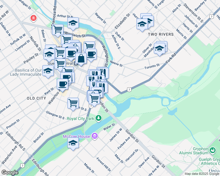 map of restaurants, bars, coffee shops, grocery stores, and more near 71 Wyndham Street South in Guelph