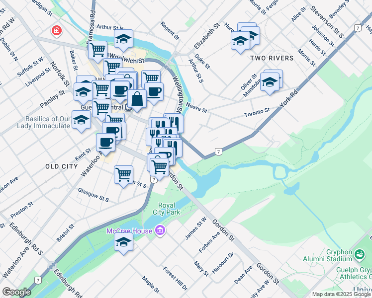 map of restaurants, bars, coffee shops, grocery stores, and more near 71 Wyndham Street South in Guelph
