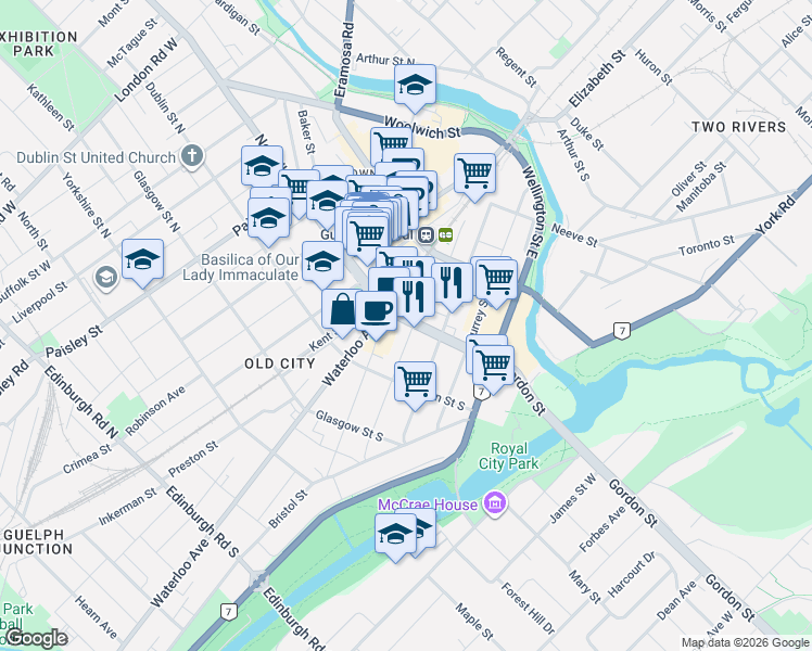 map of restaurants, bars, coffee shops, grocery stores, and more near 21 Gordon Street in Guelph