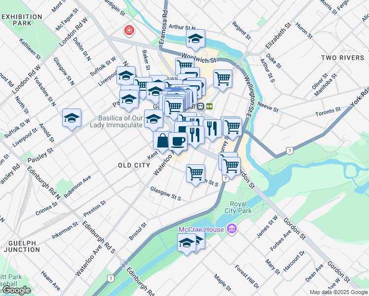 map of restaurants, bars, coffee shops, grocery stores, and more near 5 Gordon Street in Guelph