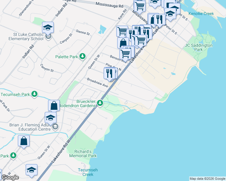 map of restaurants, bars, coffee shops, grocery stores, and more near 371 Lakeshore Road West in Mississauga