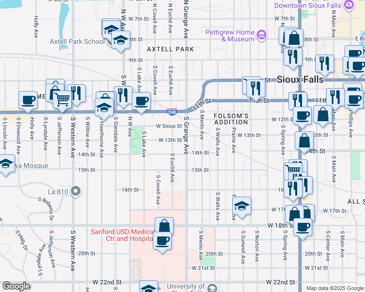 map of restaurants, bars, coffee shops, grocery stores, and more near 512 South Grange Avenue in Sioux Falls