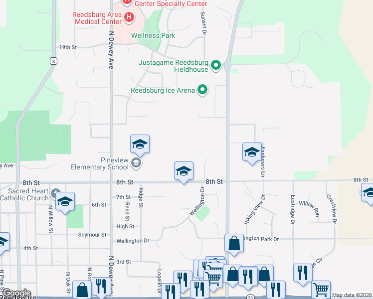map of restaurants, bars, coffee shops, grocery stores, and more near 1351 8th Street in Reedsburg