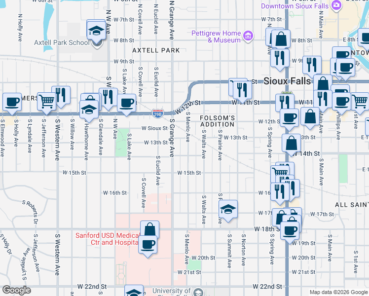 map of restaurants, bars, coffee shops, grocery stores, and more near 510 South Menlo Avenue in Sioux Falls