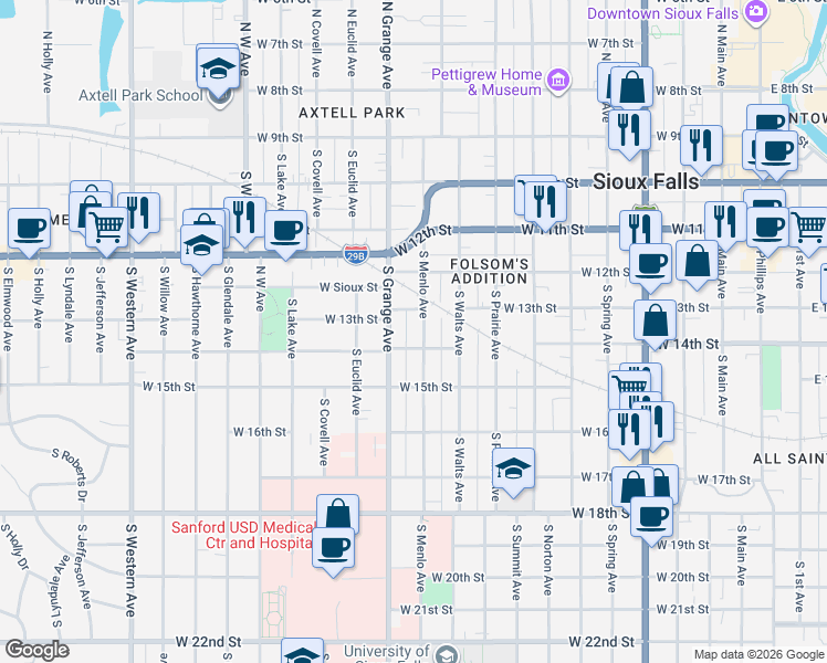 map of restaurants, bars, coffee shops, grocery stores, and more near 512 South Grange Avenue in Sioux Falls