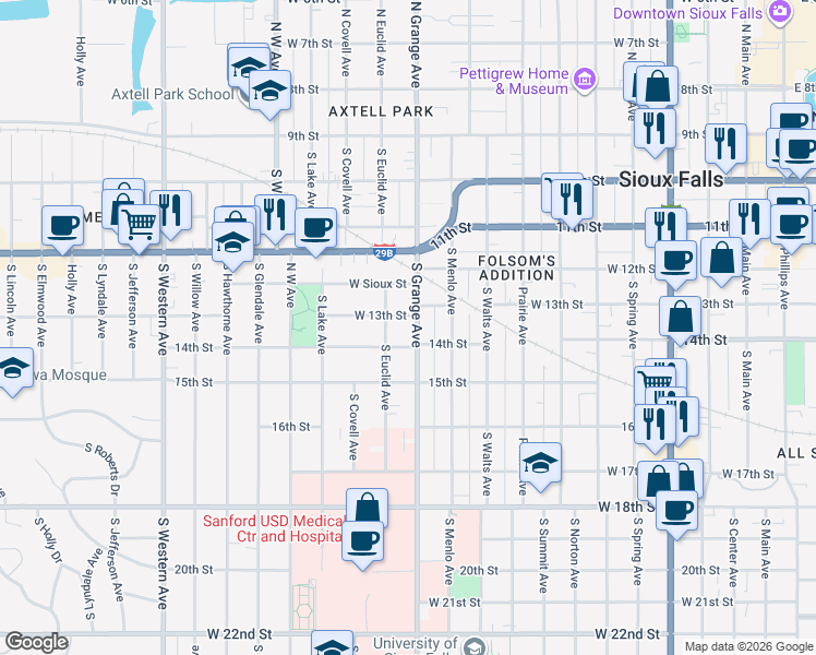 map of restaurants, bars, coffee shops, grocery stores, and more near 512 South Grange Avenue in Sioux Falls