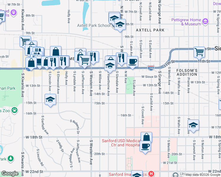 map of restaurants, bars, coffee shops, grocery stores, and more near 508 South Hawthorne Avenue in Sioux Falls