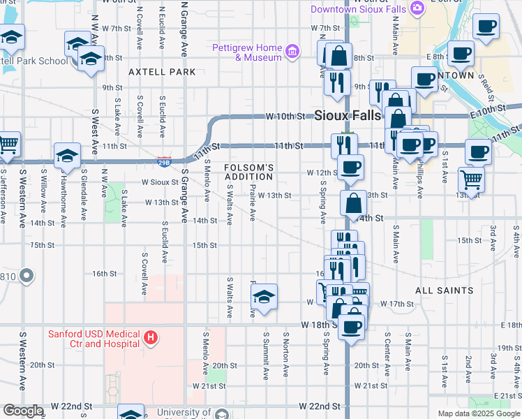 map of restaurants, bars, coffee shops, grocery stores, and more near 530 South Prairie Avenue in Sioux Falls