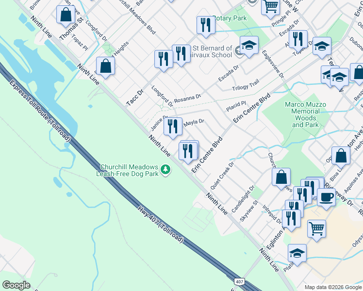 map of restaurants, bars, coffee shops, grocery stores, and more near Burdette Terrace in Mississauga