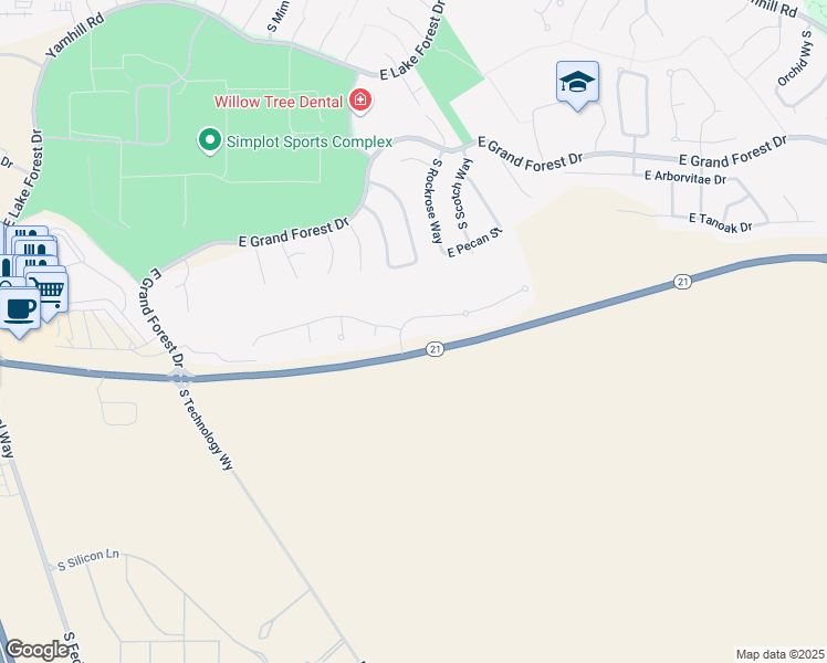map of restaurants, bars, coffee shops, grocery stores, and more near 3595 East Alta Ridge Court in Boise