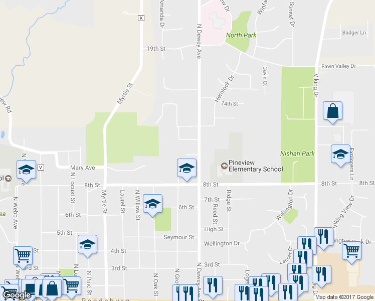 map of restaurants, bars, coffee shops, grocery stores, and more near 1021 10th Court in Reedsburg