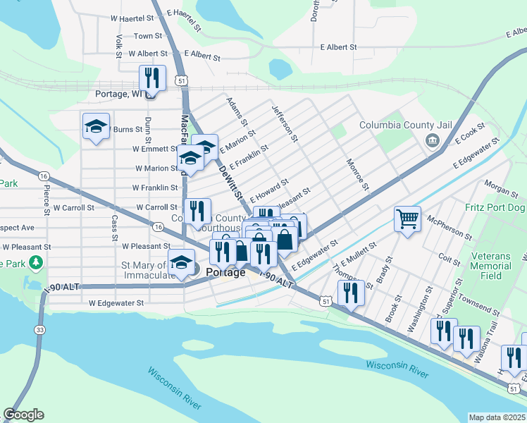 map of restaurants, bars, coffee shops, grocery stores, and more near 111 East Pleasant Street in Portage