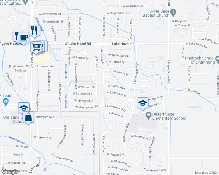 map of restaurants, bars, coffee shops, grocery stores, and more near 9683 West Rustica Drive in Boise