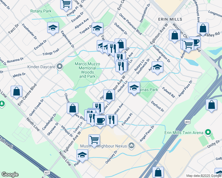 map of restaurants, bars, coffee shops, grocery stores, and more near 3501 Eglinton Avenue West in Mississauga